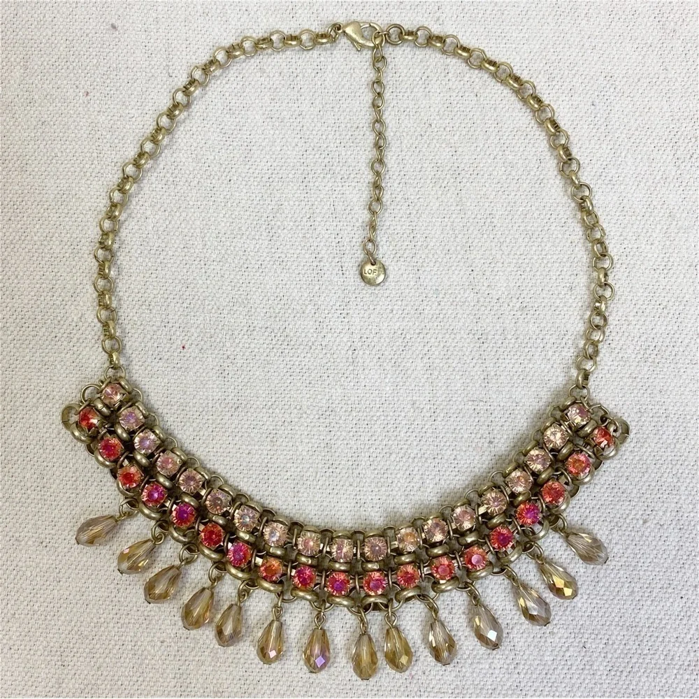 Loft gold tone pink Rhinestone Statement necklace